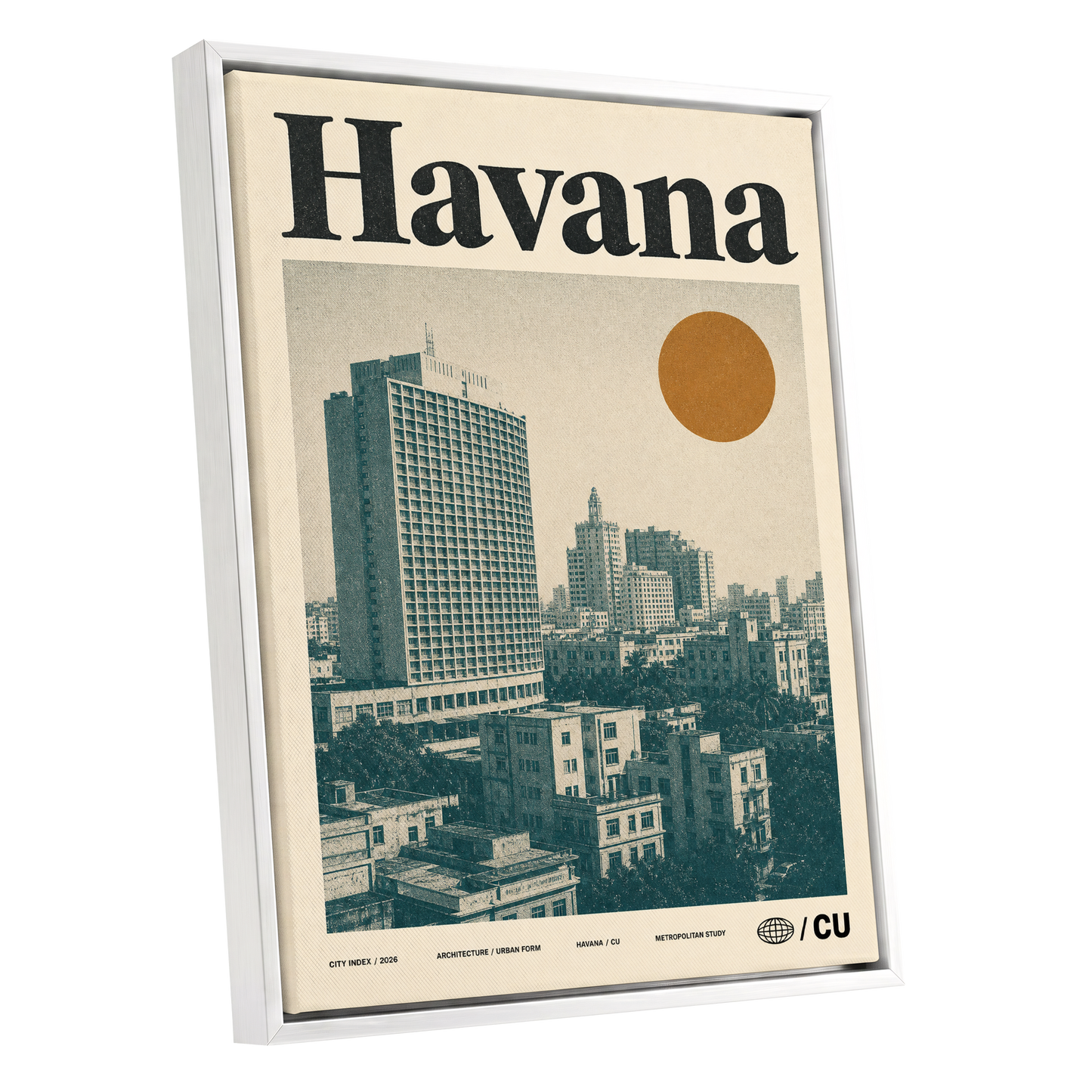Havana Urban Sun, beige, gold, green minimalist wall art shown as a white framed canvas wall art