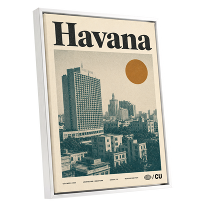 Havana Urban Sun, beige, gold, green minimalist wall art shown as a white framed canvas wall art