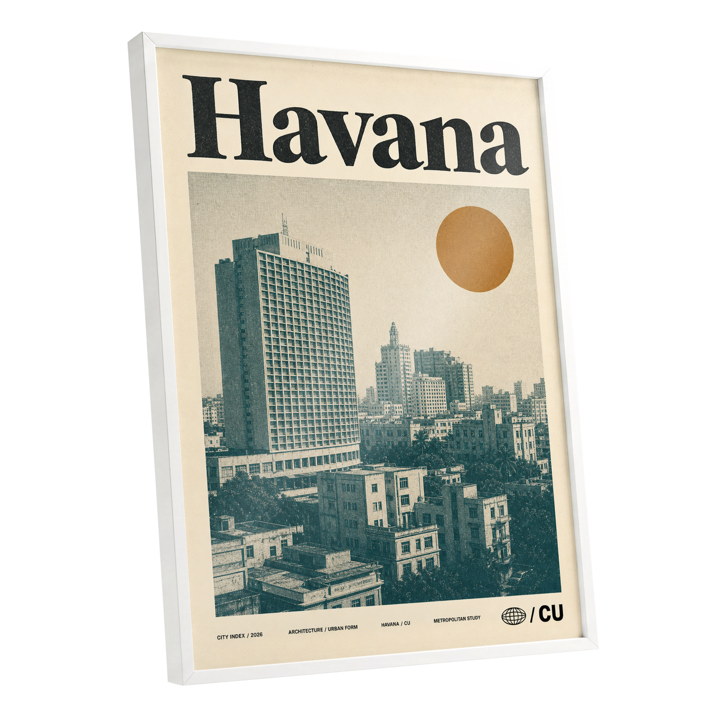 Havana Urban Sun, beige, gold, green minimalist wall art shown as a white framed poster wall art print