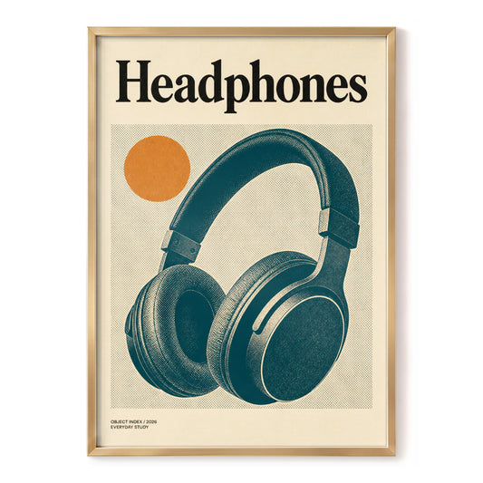 Headphones in Halftone, beige, blue, orange minimalist wall art, front artwork view