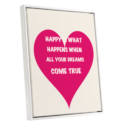 Heart Full of Dreams, pink, beige, white minimalist wall art shown as a white framed canvas wall art