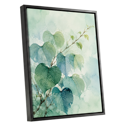 Heartleaf Ascent, green, blue, white nature wall art shown as a black framed canvas wall art