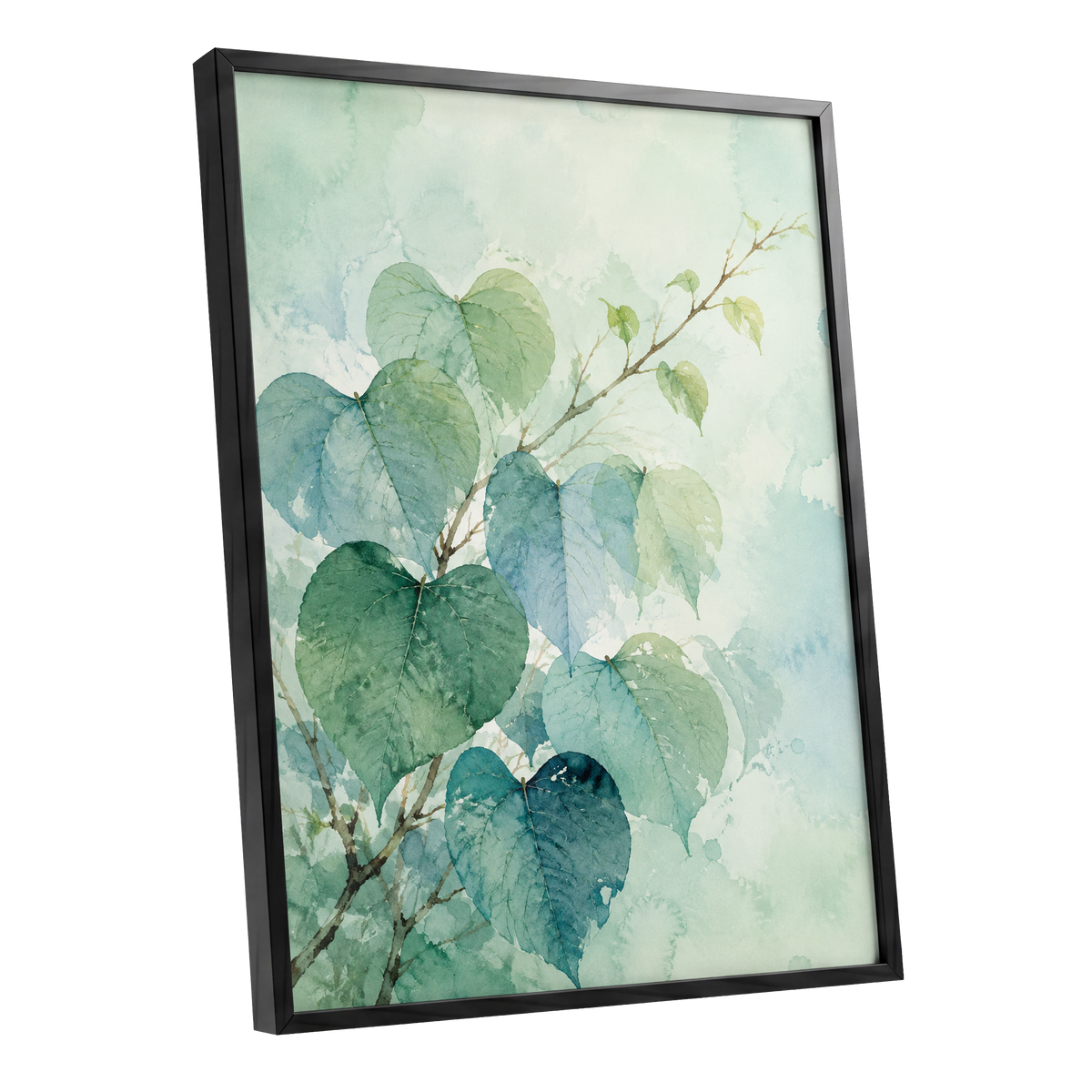 Heartleaf Ascent, green, blue, white nature wall art shown as a black framed poster wall art print