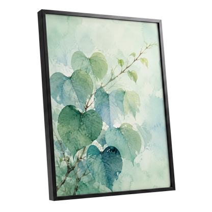 Heartleaf Ascent, green, blue, white nature wall art shown as a black framed poster wall art print