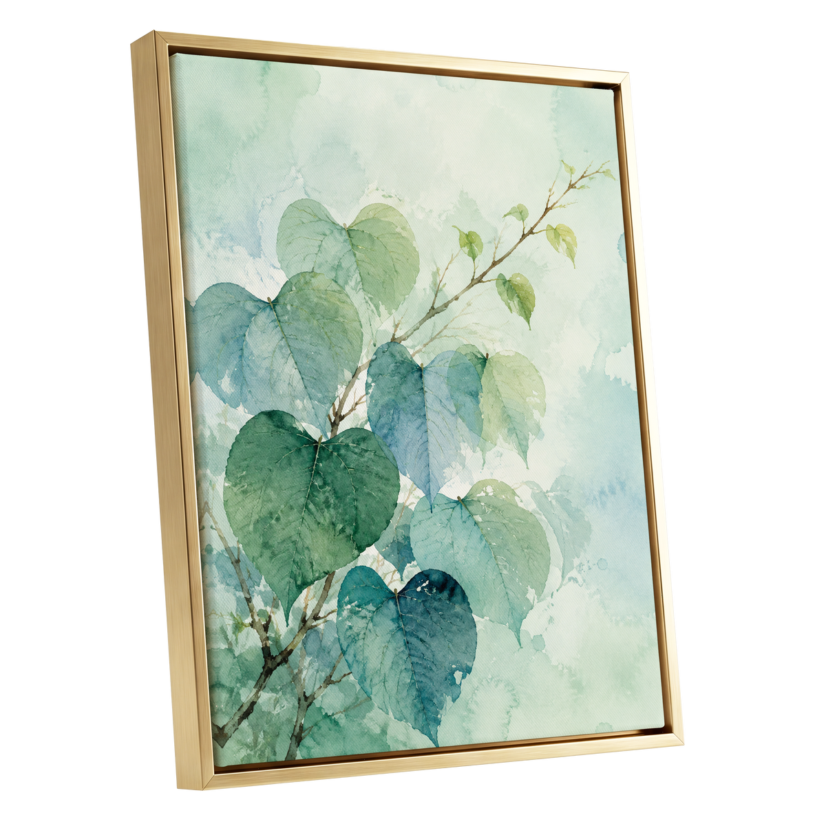Heartleaf Ascent, green, blue, white nature wall art shown as a gold framed canvas wall art