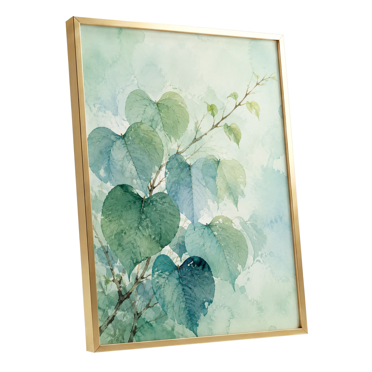 Heartleaf Ascent, green, blue, white nature wall art shown as a gold framed poster wall art print