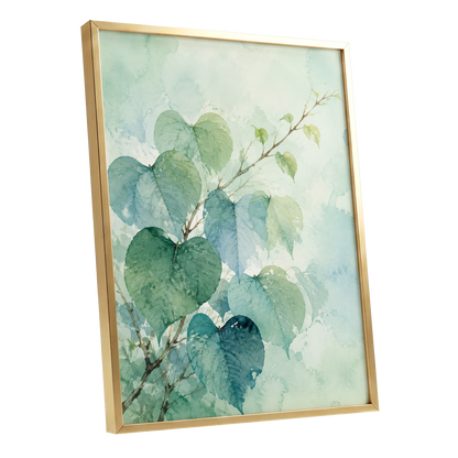 Heartleaf Ascent, green, blue, white nature wall art shown as a gold framed poster wall art print