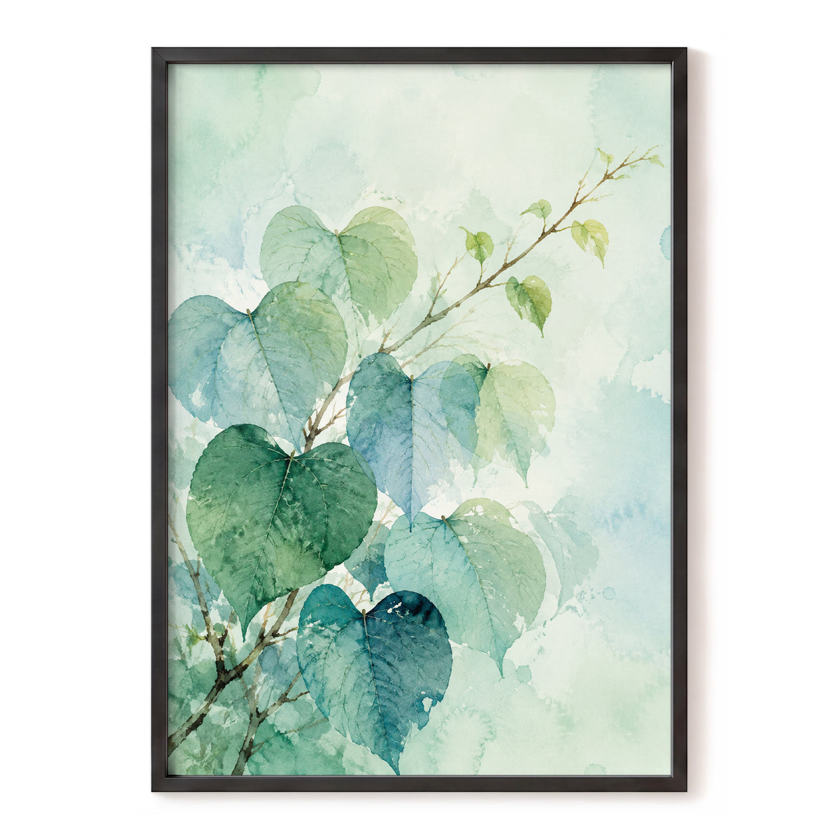Heartleaf Ascent, green, blue, white nature wall art, front artwork view