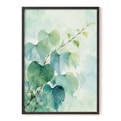 Heartleaf Ascent, green, blue, white nature wall art, front artwork view