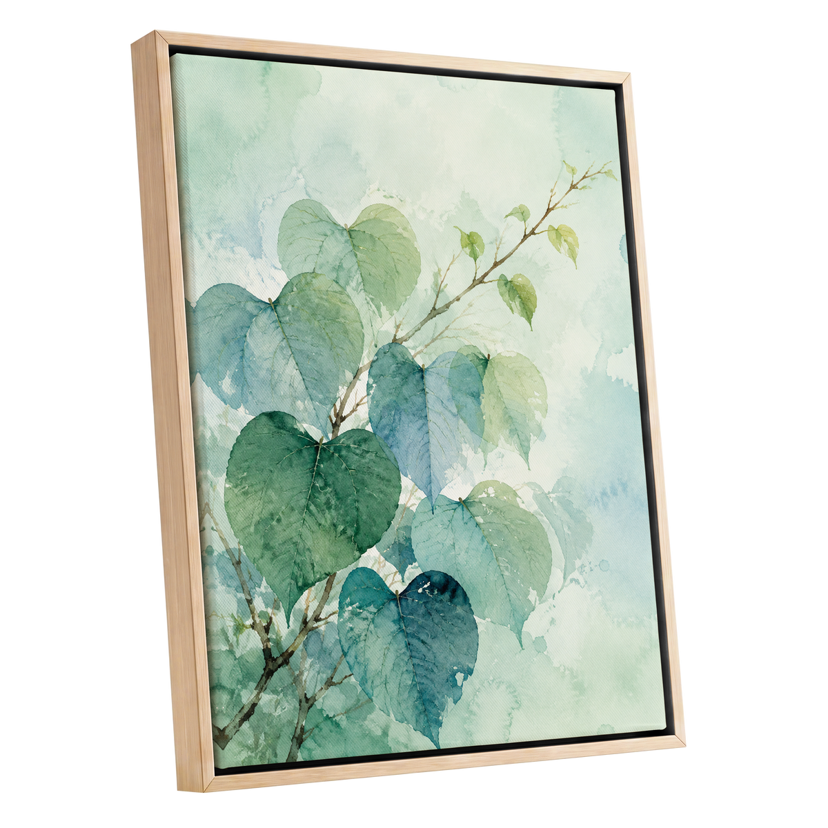 Heartleaf Ascent, green, blue, white nature wall art shown as a oak framed canvas wall art
