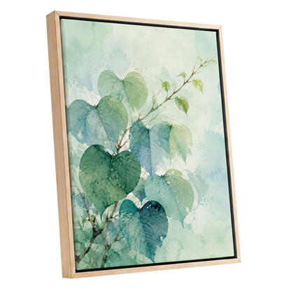 Heartleaf Ascent, green, blue, white nature wall art shown as a oak framed canvas wall art