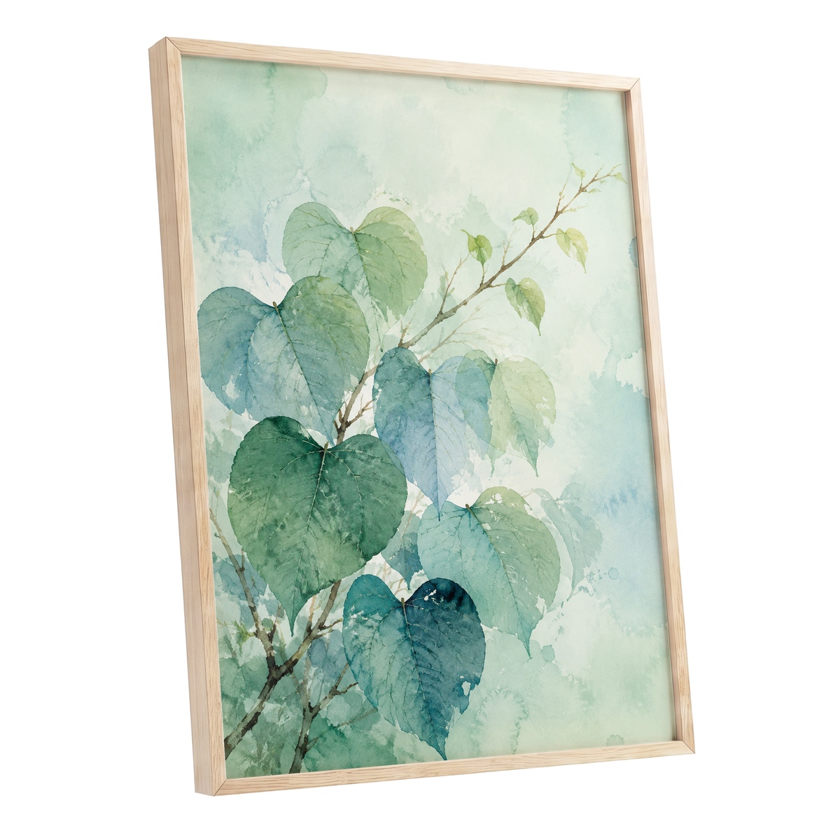 Heartleaf Ascent, green, blue, white nature wall art shown as a oak framed poster wall art print