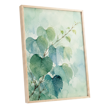 Heartleaf Ascent, green, blue, white nature wall art shown as a oak framed poster wall art print