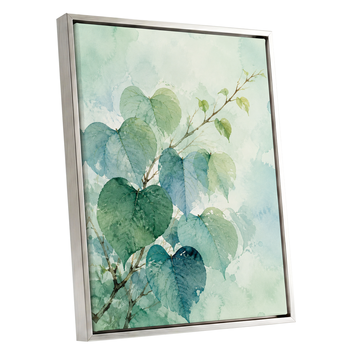Heartleaf Ascent, green, blue, white nature wall art shown as a silver framed canvas wall art
