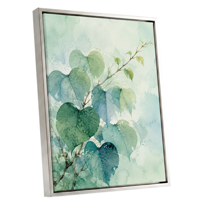 Heartleaf Ascent, green, blue, white nature wall art shown as a silver framed canvas wall art