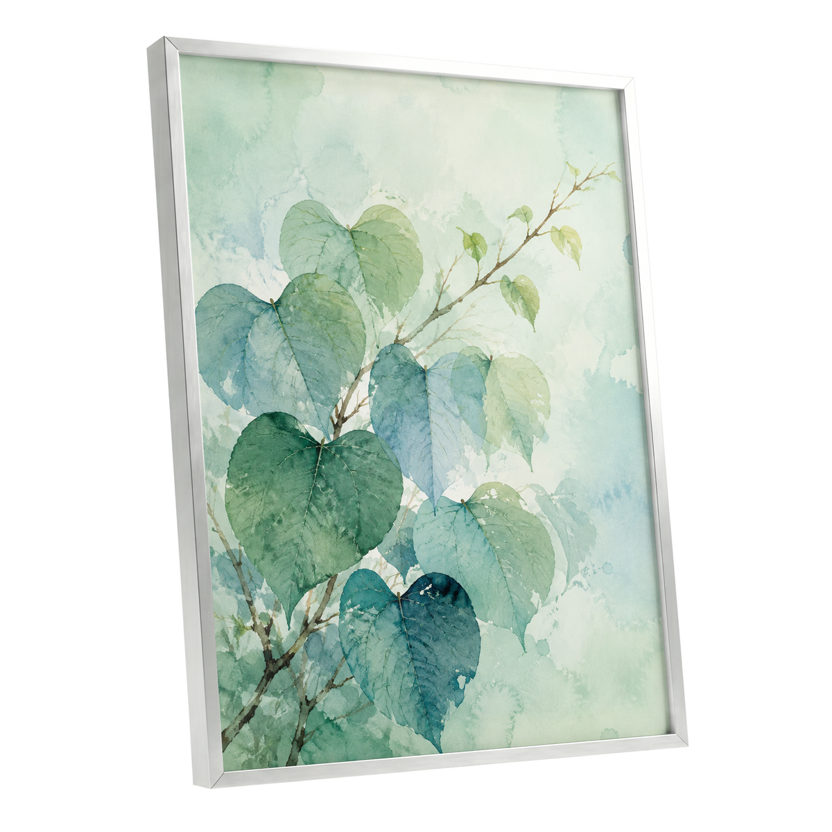 Heartleaf Ascent, green, blue, white nature wall art shown as a silver framed poster wall art print