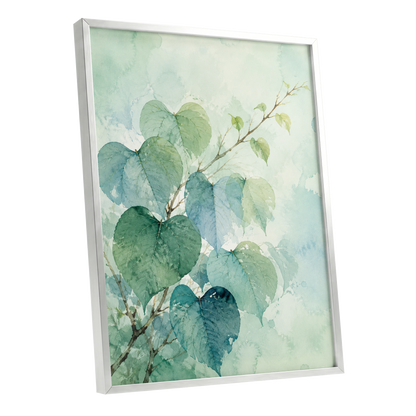 Heartleaf Ascent, green, blue, white nature wall art shown as a silver framed poster wall art print
