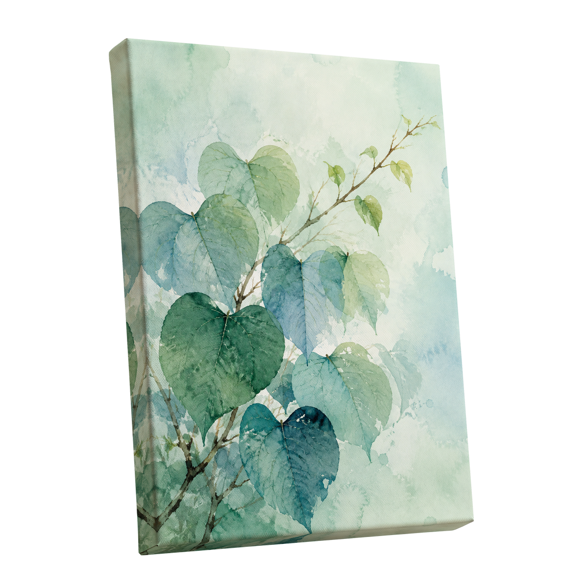 Heartleaf Ascent, green, blue, white nature wall art shown as a stretched canvas wall art
