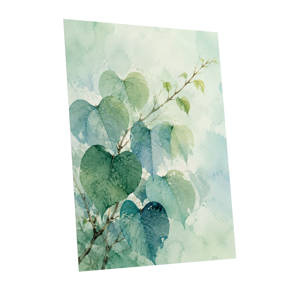 Heartleaf Ascent, green, blue, white nature wall art shown as a unframed poster wall art print