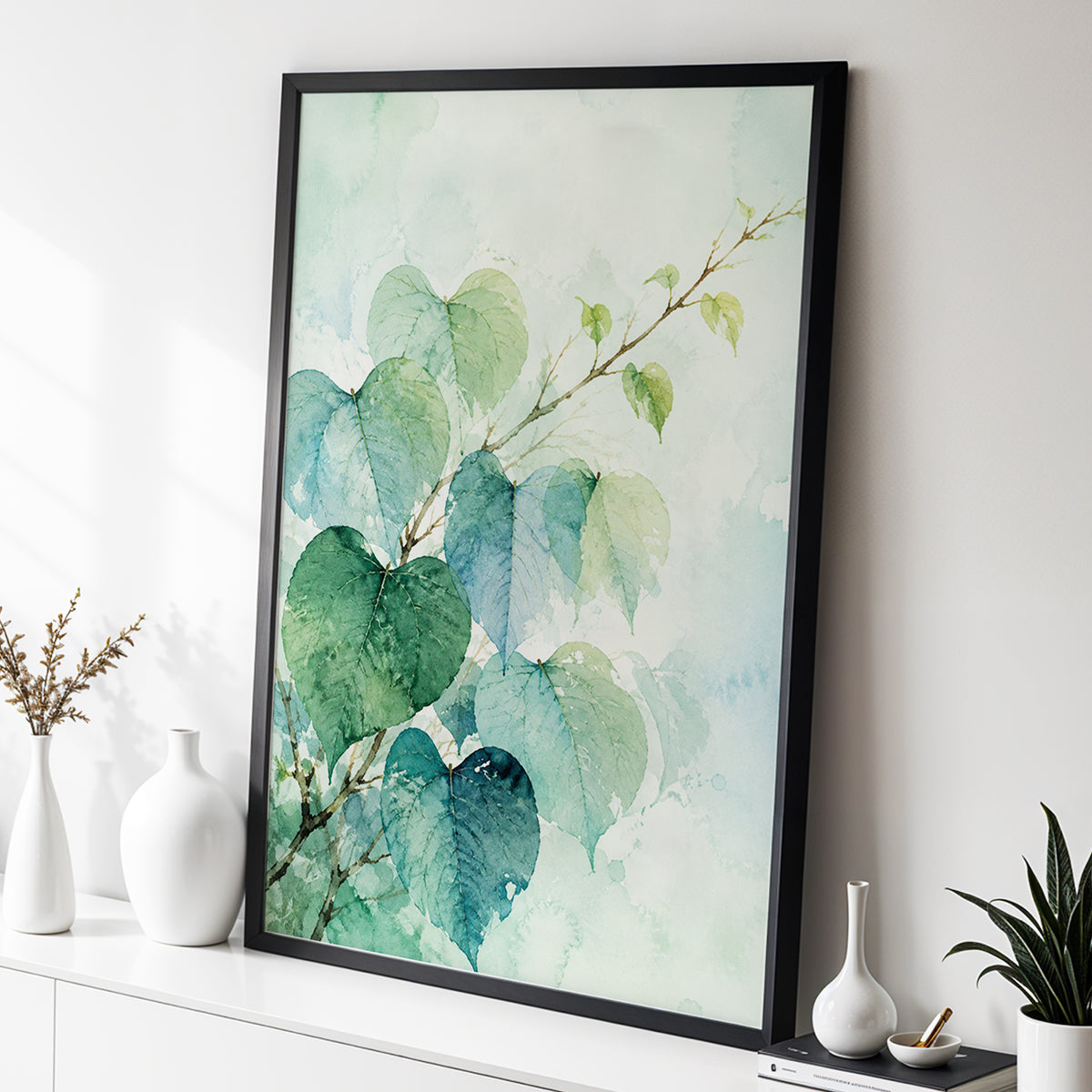 Heartleaf Ascent, green, blue, white nature wall art displayed in a styled interior, gallery view 2