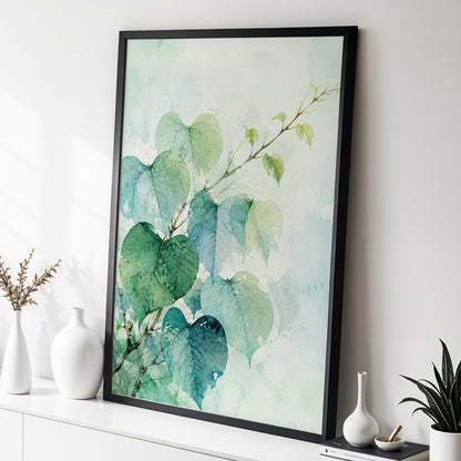 Heartleaf Ascent, green, blue, white nature wall art displayed in a styled interior, gallery view 2