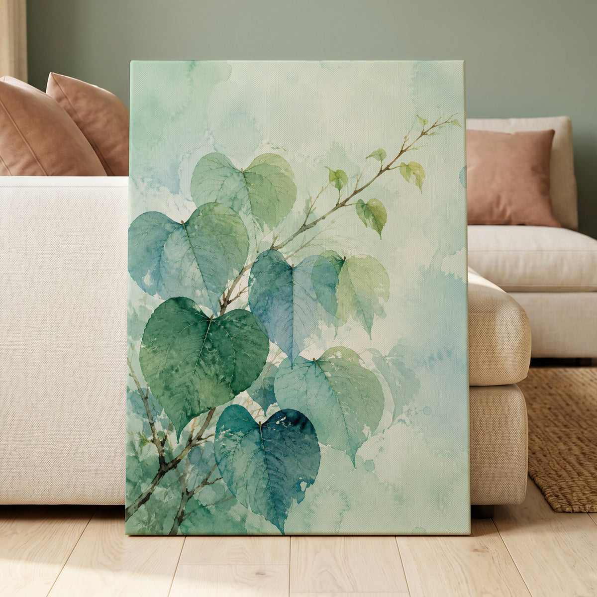 Heartleaf Ascent, green, blue, white nature wall art displayed in a styled interior, gallery view 3