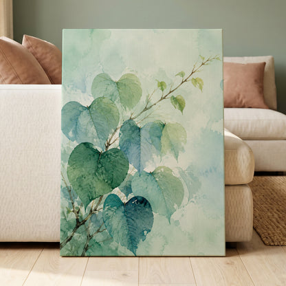 Heartleaf Ascent, green, blue, white nature wall art displayed in a styled interior, gallery view 3