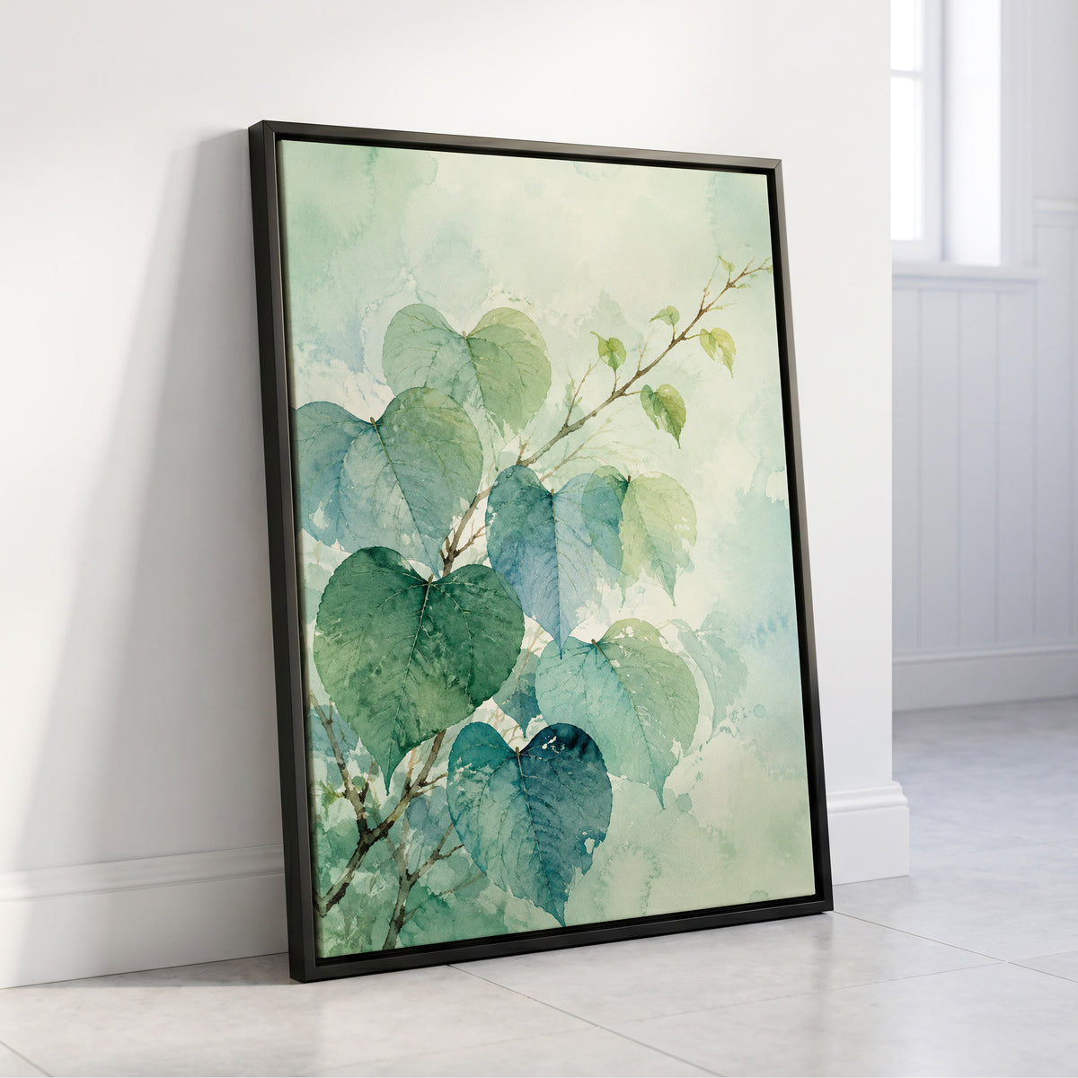 Heartleaf Ascent, green, blue, white nature wall art displayed in a styled interior, gallery view 4
