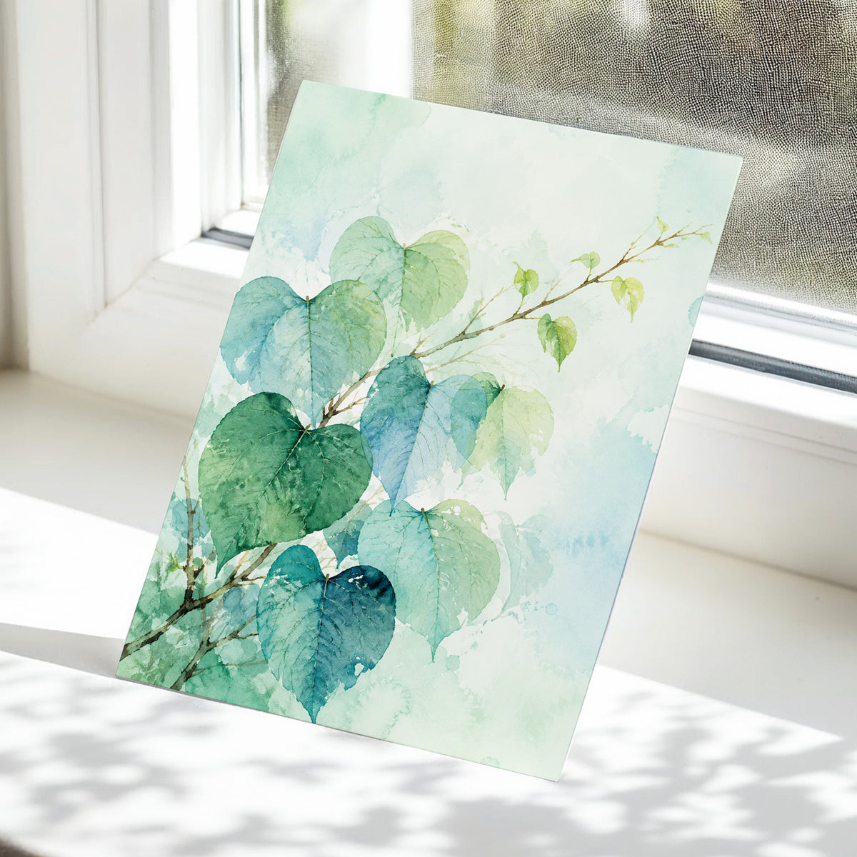 Heartleaf Ascent, green, blue, white nature wall art displayed in a styled interior, gallery view 5