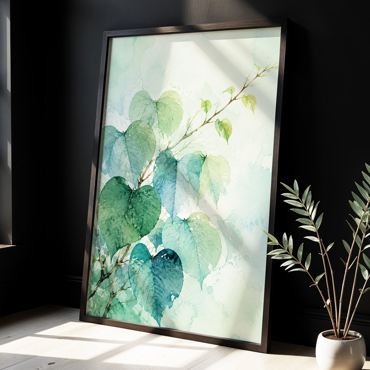 Heartleaf Ascent, green, blue, white nature wall art displayed in a styled interior, gallery view 6