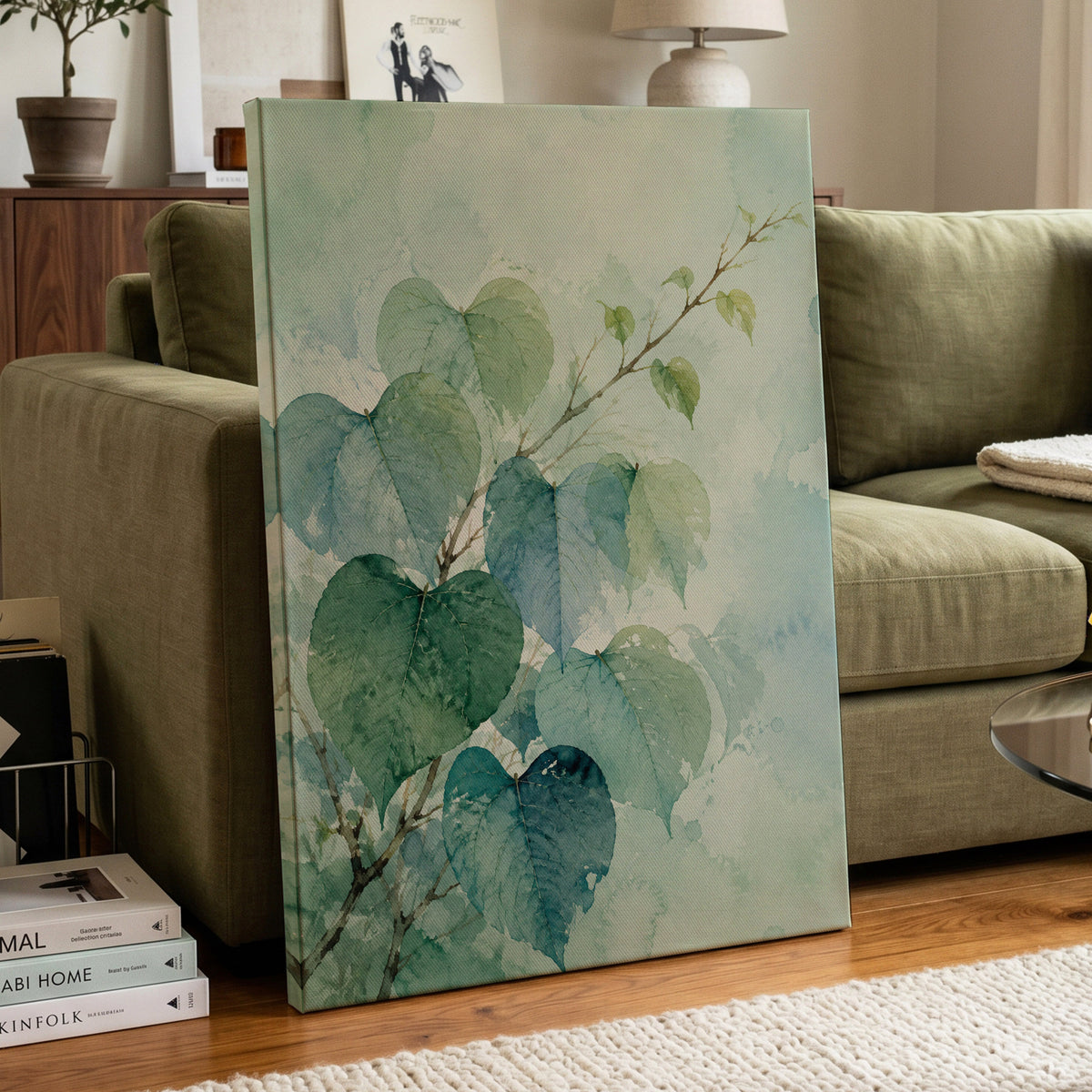 Heartleaf Ascent, green, blue, white nature wall art displayed in a styled interior, gallery view 7