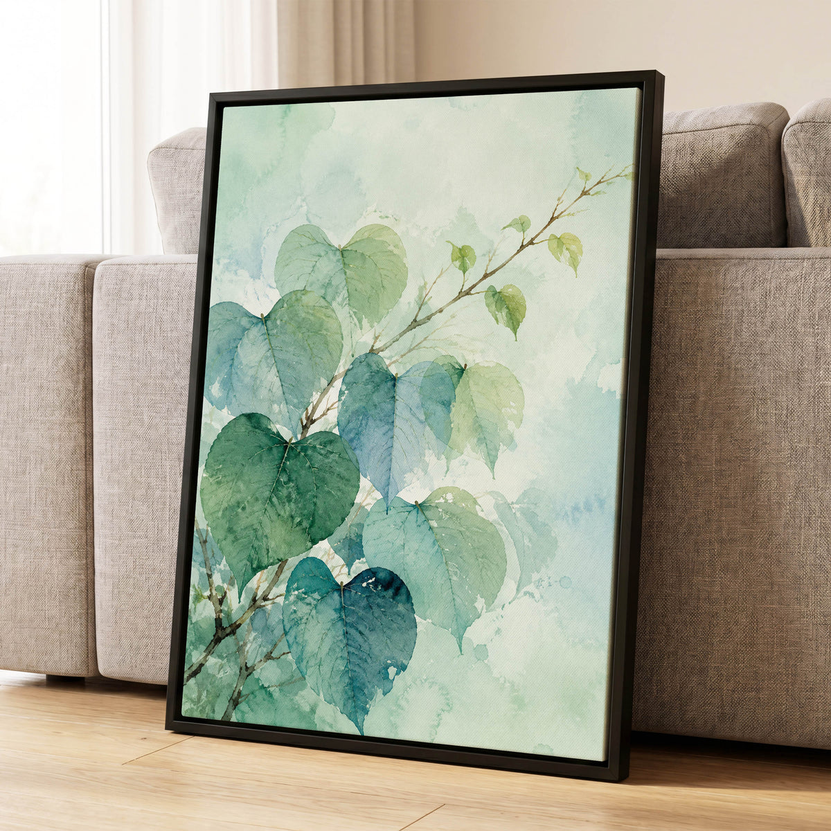 Heartleaf Ascent, green, blue, white nature wall art displayed in a styled interior, gallery view 8