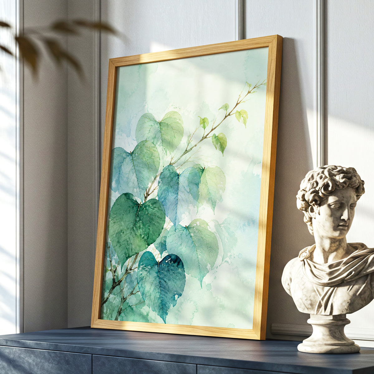 Heartleaf Ascent, green, blue, white nature wall art displayed in a styled interior, gallery view 9