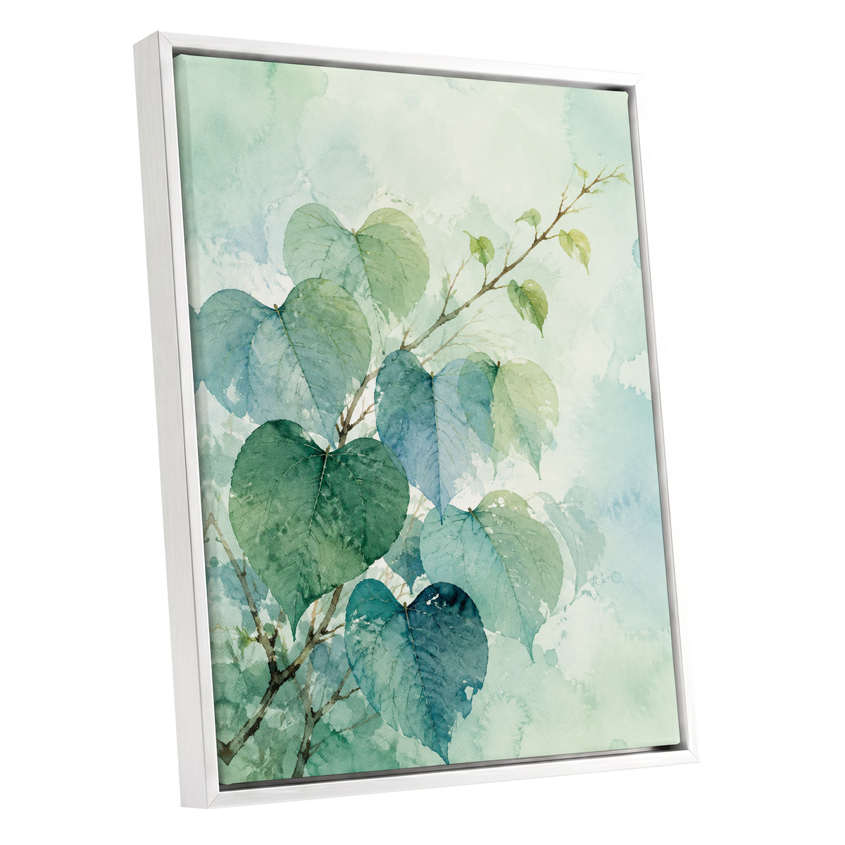 Heartleaf Ascent, green, blue, white nature wall art shown as a white framed canvas wall art
