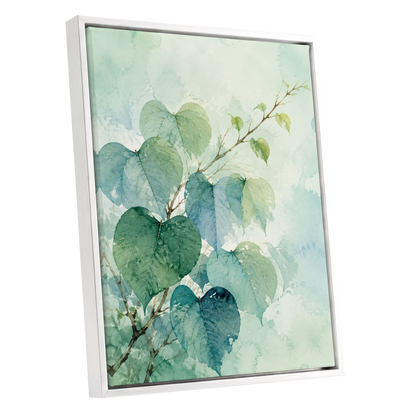 Heartleaf Ascent, green, blue, white nature wall art shown as a white framed canvas wall art