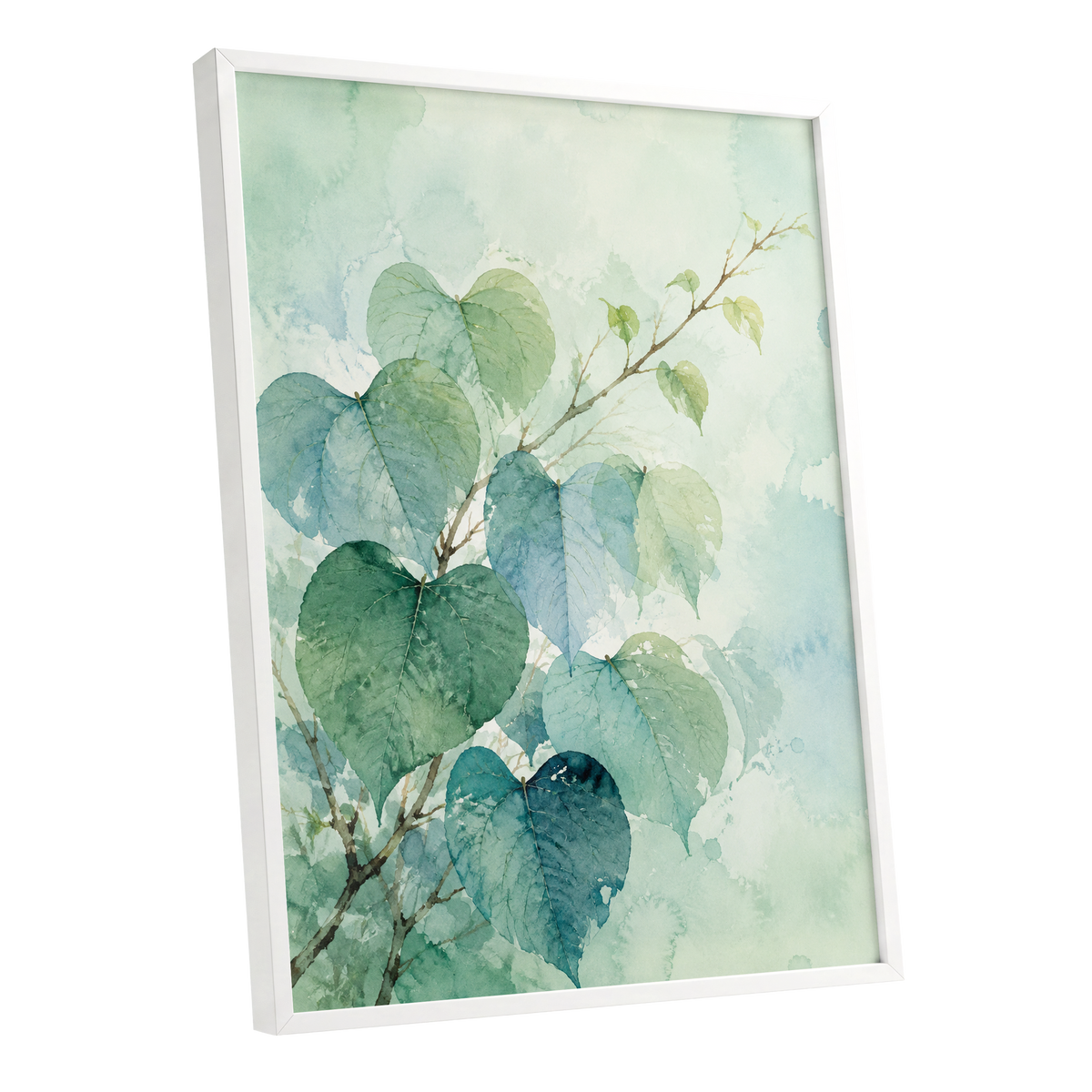 Heartleaf Ascent, green, blue, white nature wall art shown as a white framed poster wall art print