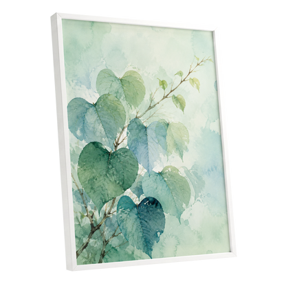 Heartleaf Ascent, green, blue, white nature wall art shown as a white framed poster wall art print