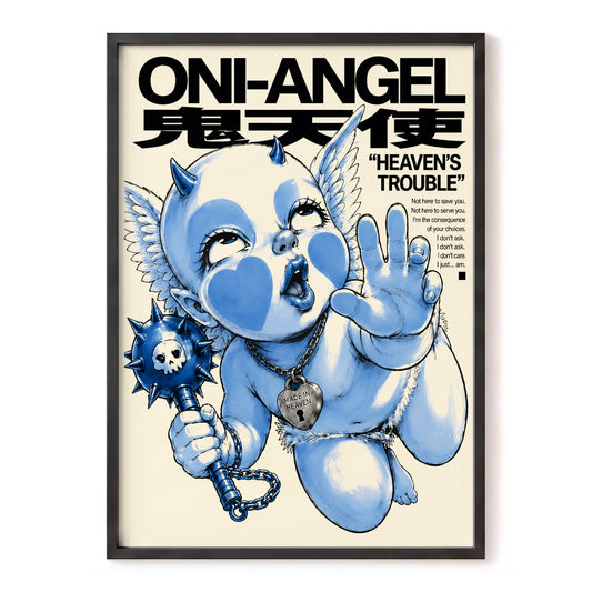 Heaven's Little Rebel, blue, black, beige abstract wall art, front artwork view