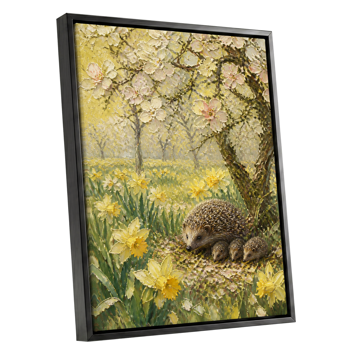 Hedgehogs in Spring, yellow, green, beige nature wall art shown as a black framed canvas wall art