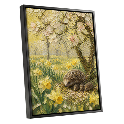 Hedgehogs in Spring, yellow, green, beige nature wall art shown as a black framed canvas wall art