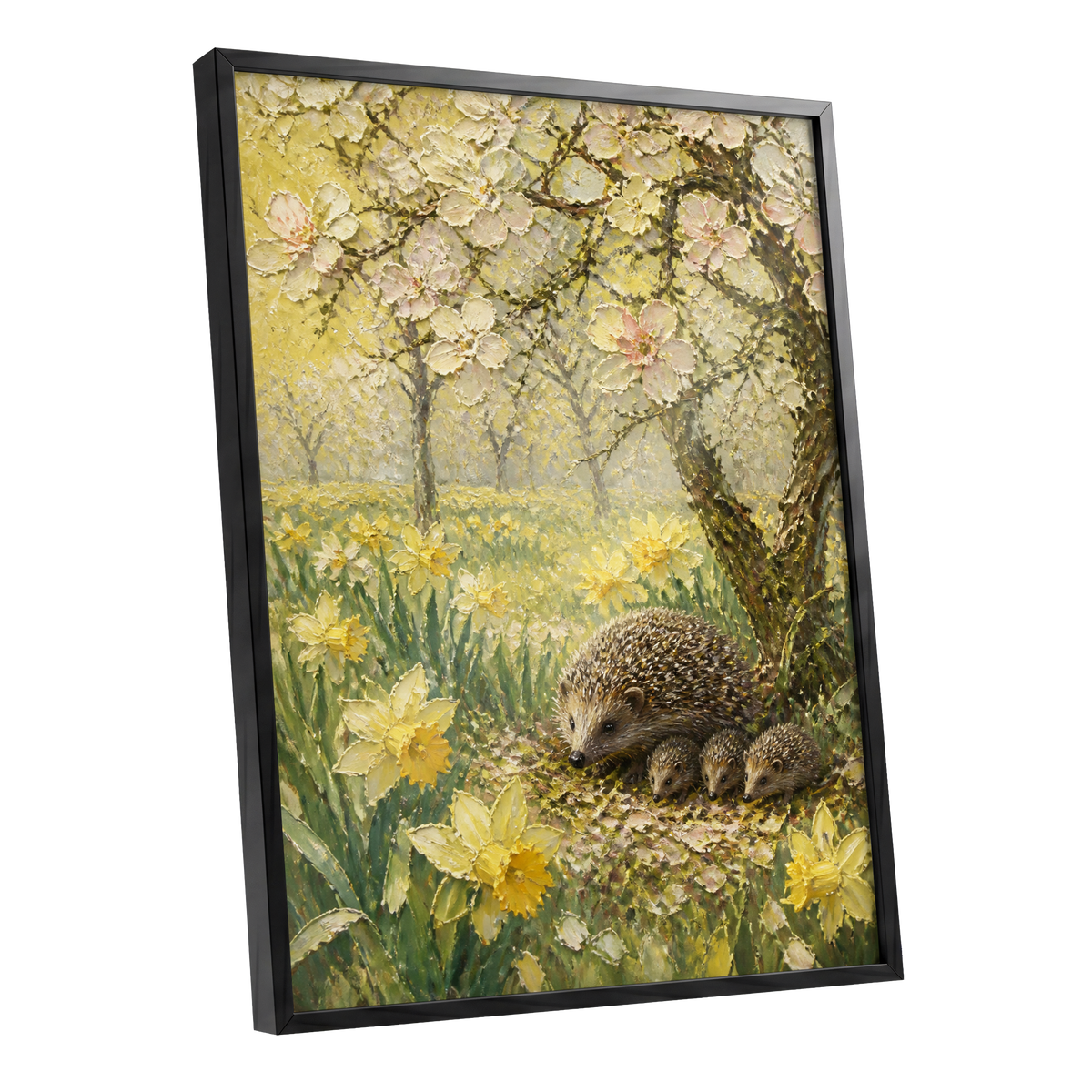 Hedgehogs in Spring, yellow, green, beige nature wall art shown as a black framed poster wall art print