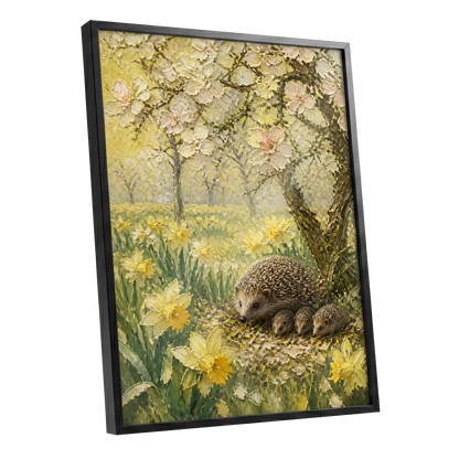 Hedgehogs in Spring, yellow, green, beige nature wall art shown as a black framed poster wall art print