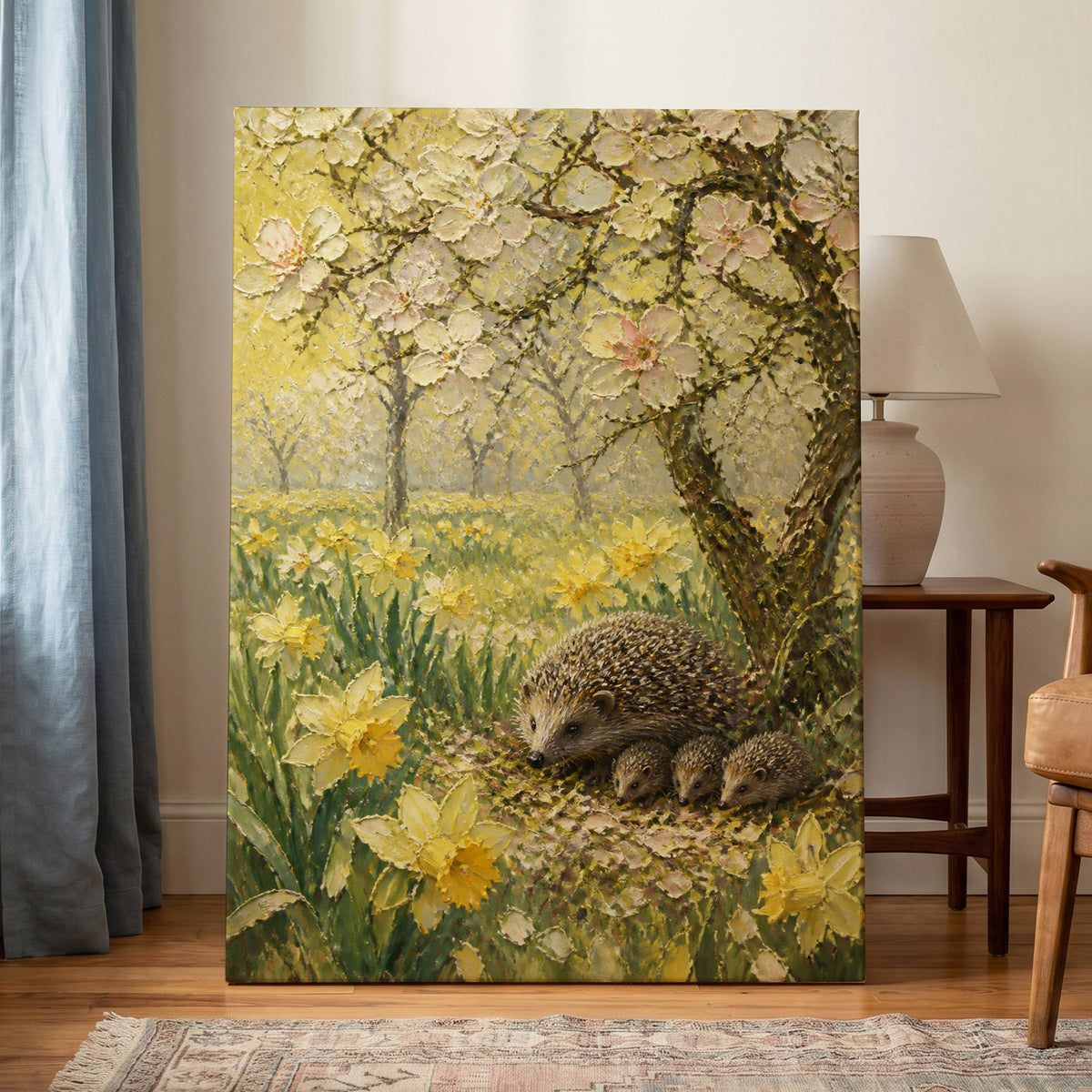 Hedgehogs in Spring, yellow, green, beige nature wall art on canvas displayed in a styled interior, gallery view 1