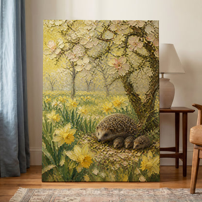 Hedgehogs in Spring, yellow, green, beige nature wall art on canvas displayed in a styled interior, gallery view 1