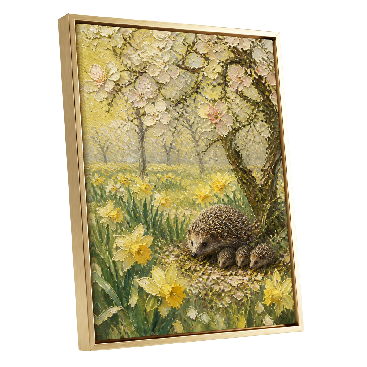 Hedgehogs in Spring, yellow, green, beige nature wall art shown as a gold framed canvas wall art