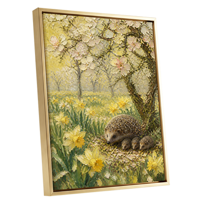 Hedgehogs in Spring, yellow, green, beige nature wall art shown as a gold framed canvas wall art