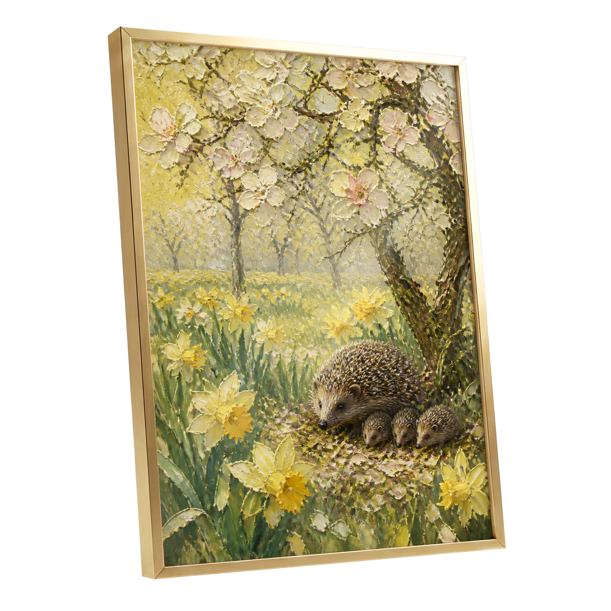Hedgehogs in Spring, yellow, green, beige nature wall art shown as a gold framed poster wall art print