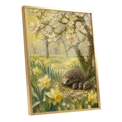 Hedgehogs in Spring, yellow, green, beige nature wall art shown as a gold framed poster wall art print