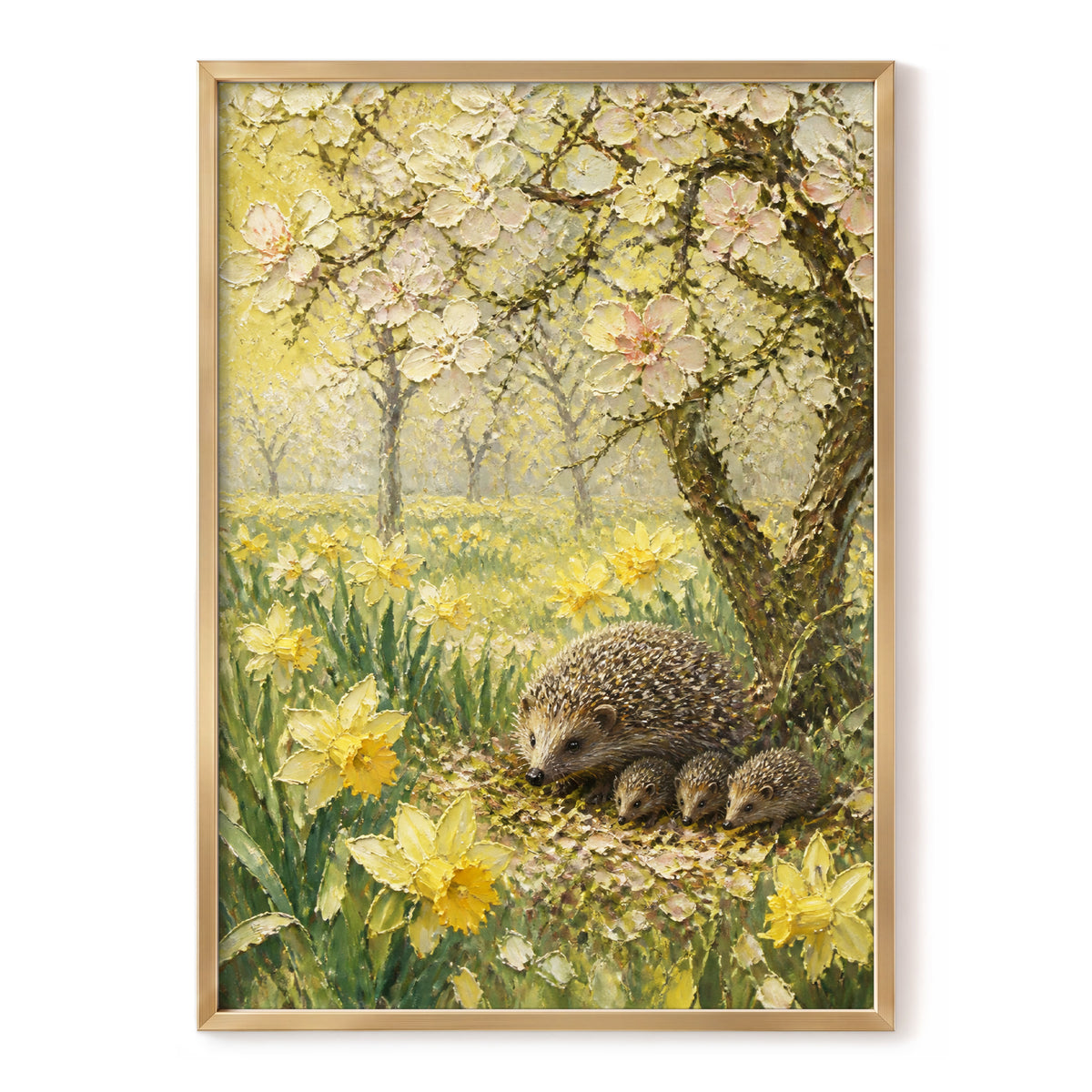Hedgehogs in Spring, yellow, green, beige nature wall art, front artwork view