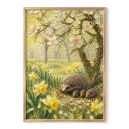 Hedgehogs in Spring, yellow, green, beige nature wall art, front artwork view